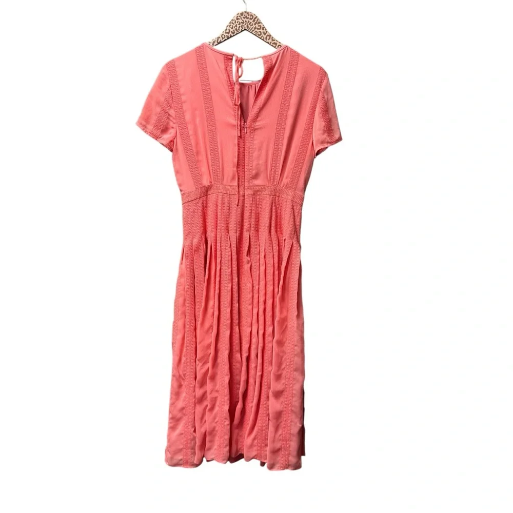 J. Crew Embroidered Flowy Chiffon Short Sleeve Pleated Skirt Midi Dress Pink 6